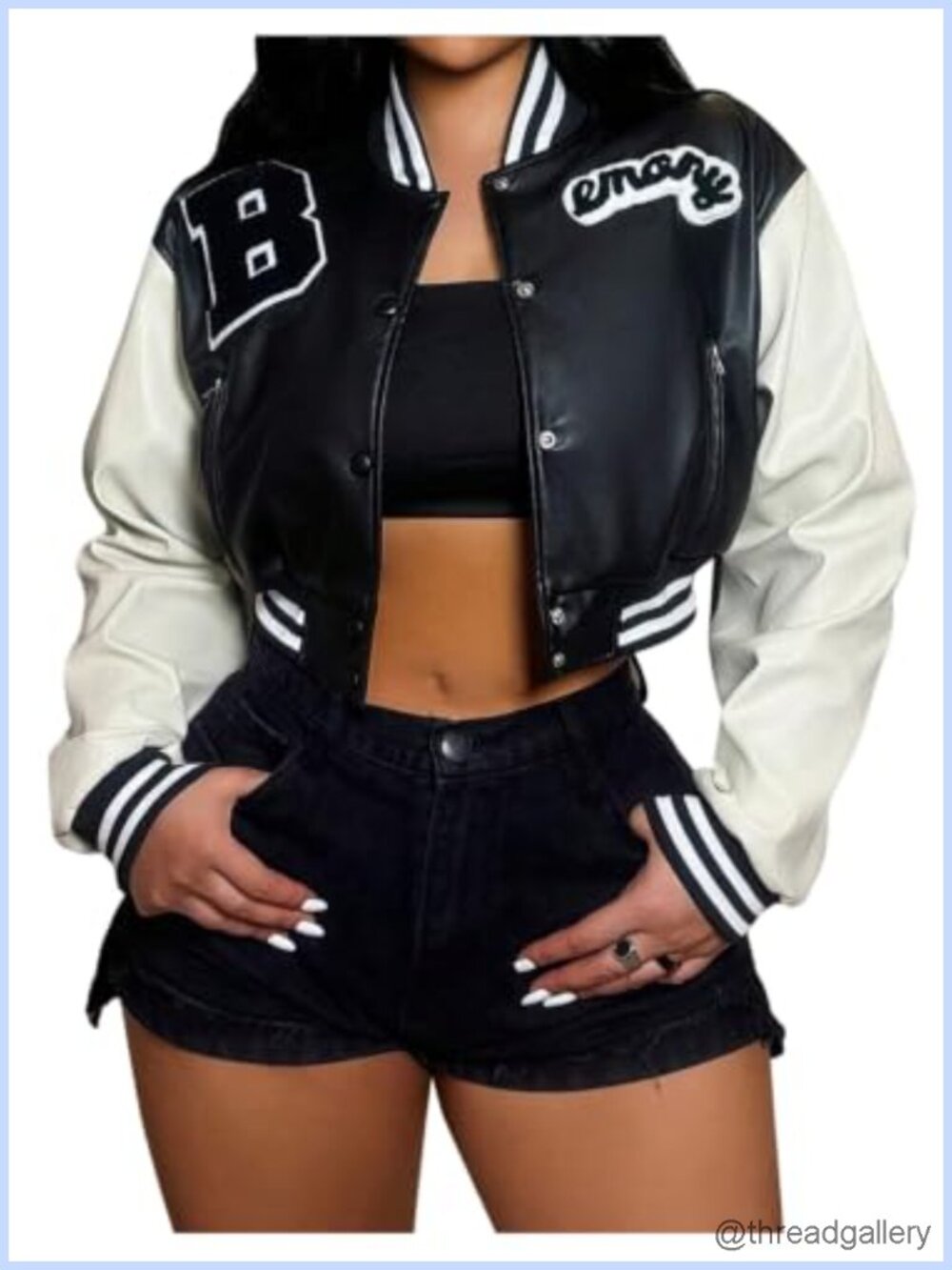Faux Leather Cropped Varsity Jacket Y2K Color Block Button Up